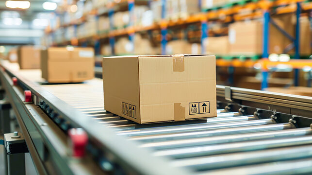 A conveyor belt in a distribution warehouse with cardboard box packages on it, ready for delivery