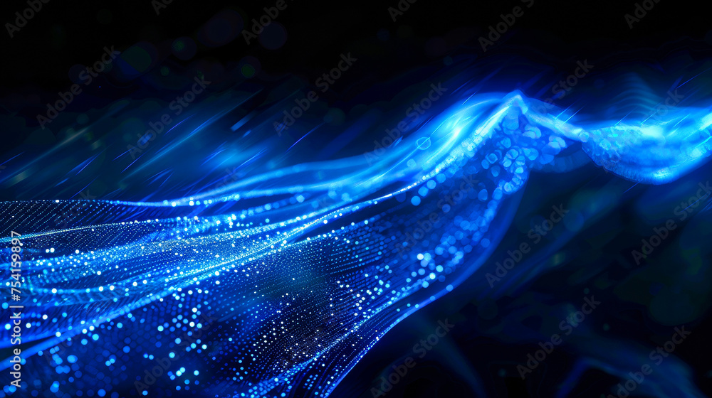 Poster abstract blue data flow light streak over a black background. communication technology and data traf