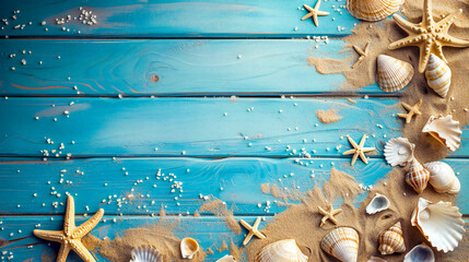 Obraz na płótnie Canvas Summer scene with sand, shells and a starfish on an old blue wooden floor with copyspace