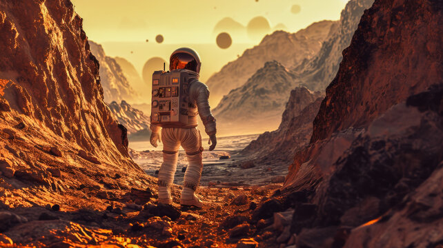 Astronaut Exploring Alien Planet.  Generated Image.  A digital rendering of an astronaut exploring an alien landscape. 