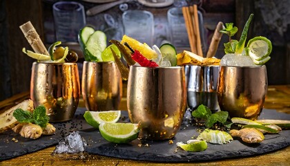 Mule Mixology Madness: Artistry of mixology - an array of Moscow Mule variations, each featuring unique flavors and garnishes such as ginger-infused vodka, cucumber slices, and spicy jalapeño wheels.