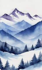 Watercolor winter landscape with mountains, pine trees and blue sky.