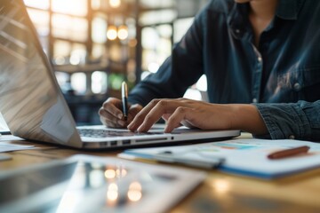 Hand interacting with futuristic AI interface over cityscape.