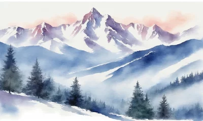 Foto op Canvas Mountain landscape with snow and fog. Digital watercolor painting. © Andrey