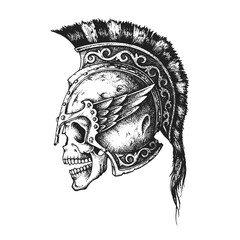 Ancient Greek Spartan Warrior Skull Wearing Corinthian Helmet. Print or Tattoo Design. Vintage Hand Drawn Vector Illustration