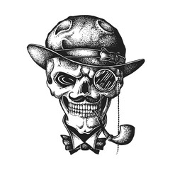 Gentleman Skull with Moustache Wearing Bowler Hat with Monocle and Smoking Pipe. Print or Tattoo Design. Vintage Hand Drawn Vector Illustration