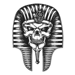 Ancient Egyptian Pharaoh King Skull Wearing Nemes Headdress. Print or Tattoo Design. Vintage Hand Drawn Vector Illustration