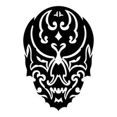 Mexican Sugar Skull Traditional Tribal Ornament Black and White Silhouette. Print or Tattoo Design. Vintage Hand Drawn Vector Illustration