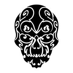 Mexican Sugar Skull Traditional Tribal Ornament Black and White Silhouette. Print or Tattoo Design. Vintage Hand Drawn Vector Illustration