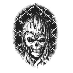Grim Reaper Death Skull Wearing Old Hood. Print or Tattoo Design. Vintage Hand Drawn Vector Illustration