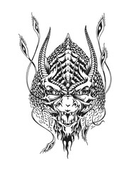 Chinese Dragon Head. Print or Tattoo Design. Vintage Hand Drawn Vector Illustration