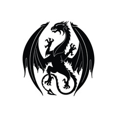 Dragon Silhouette Heraldic Coat of Arms. Print or Tattoo Design. Vintage Black and White Vector Illustration