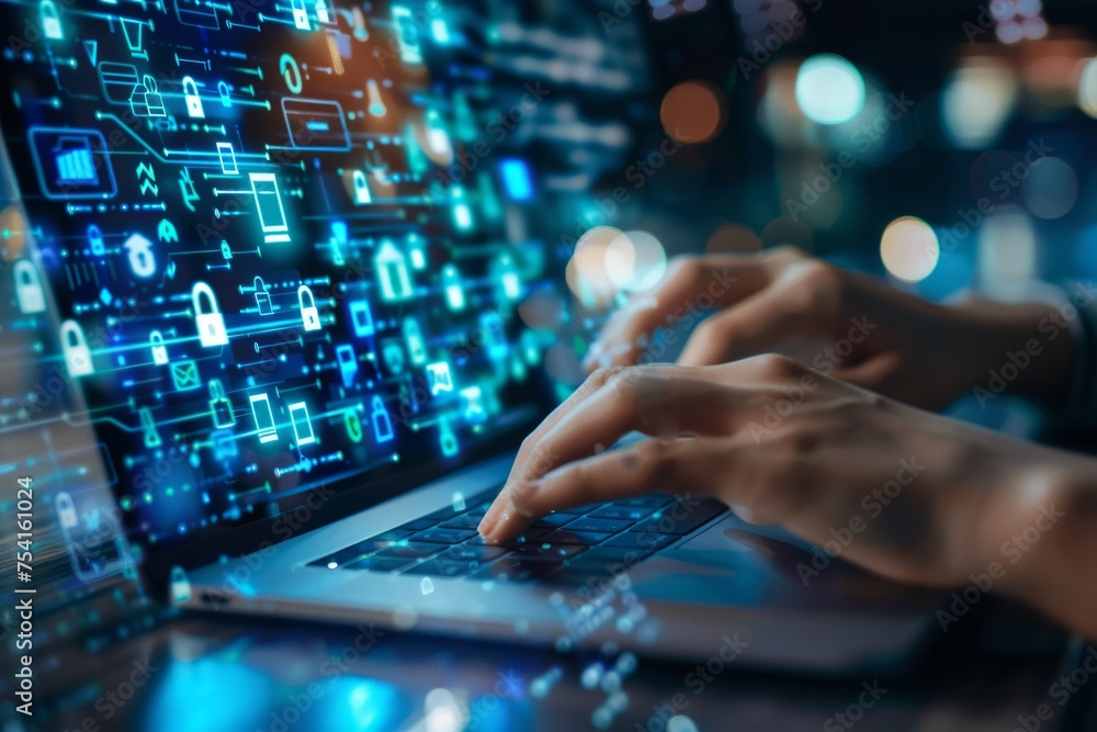 Poster conceptual image of cybersecurity on a digital interface with hands on a laptop.