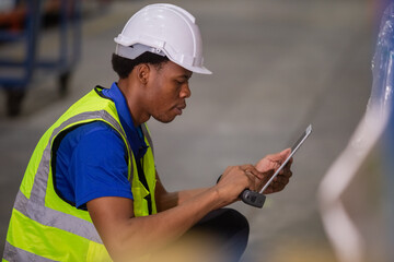 Male american african factory company employee scanning box checking number of products on goods shelves with tablet in warehouse. Man working in logistics and distribution. Import-export warehouse.