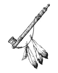 Native American Ceremonial Smoking Pipe Decorated with Feathers. Print or Tattoo Design. Vintage Hand Drawn Vector Illustration
