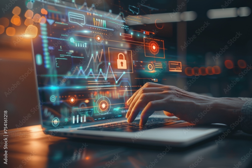 Poster conceptual image of cybersecurity on a digital interface with hands on a laptop.