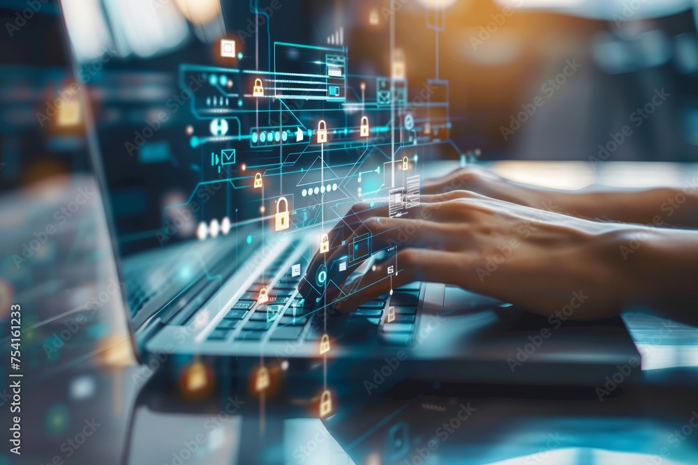 Poster conceptual image of cybersecurity on a digital interface with hands on a laptop.