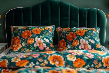 bedroom with a dark green velvet bed with a velvet headboard with bright floral print bedding, interior design inspo
