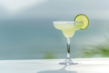 Margarita a salt-rimmed margarita glass filled with lime green margarita accented with a lime slice