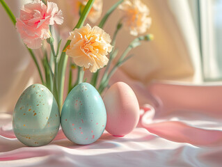 easter eggs and daisies in the grass. Empty space for product presentaton, Colorful Easter eggs, carnations in the background, sunlight, hyperrealism