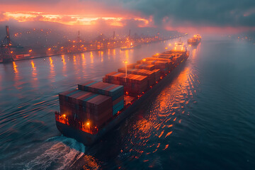 Large Cargo Ship in the Middle of the Ocean - obrazy, fototapety, plakaty