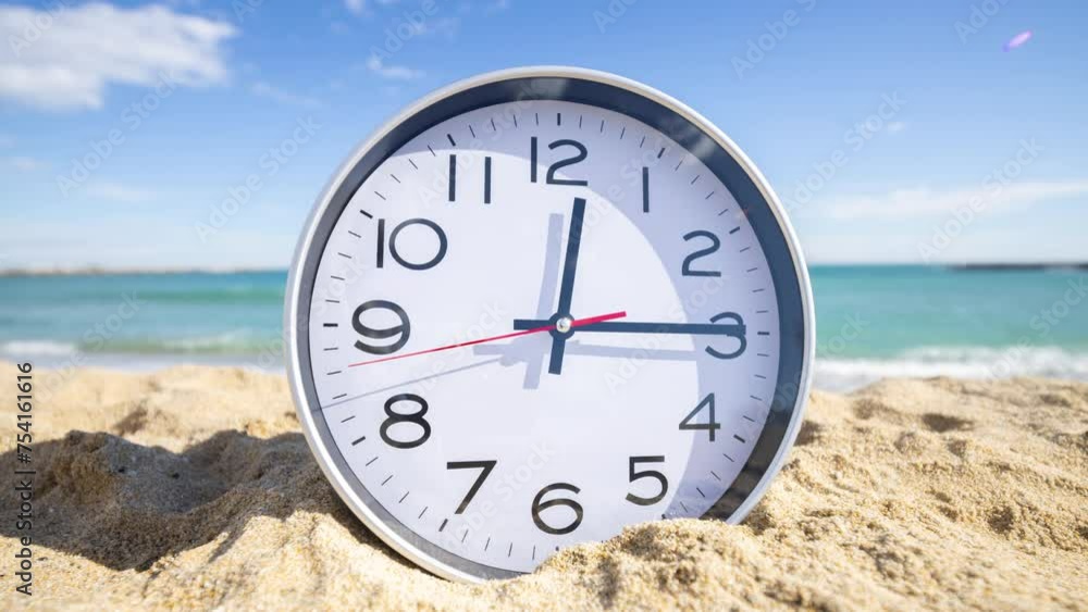 Poster clock with time passing during 1 hour on a beach