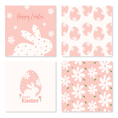 Happy Easter templates with bunnies, eggs, flowers, rabbit and text. Matching backgrounds and patterns, Great for Easter cards, invitations, banners, wallpapers - vector illustration 