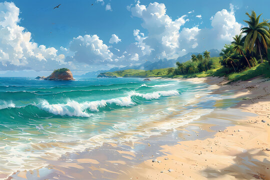 Painting of a Beach With Waves and Palm Trees