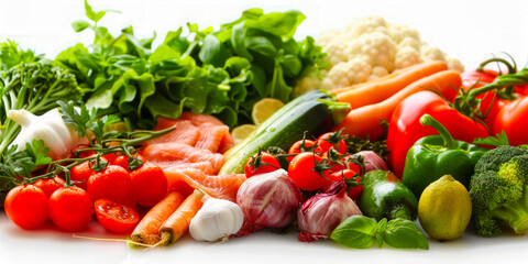 Assortment of fresh vegetables and salmon, including leafy greens, tomatoes, carrots, and citrus, on a white surface.