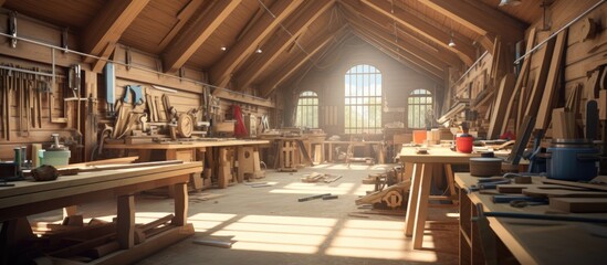 A carpentry workshop room is filled with numerous wooden workbenches for crafting and assembling various wood products. Each workbench is equipped with tools and materials,