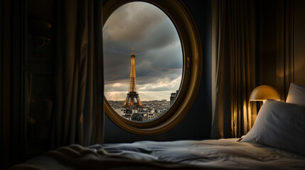 Room with a View of the Eiffel Tower in Paris at night