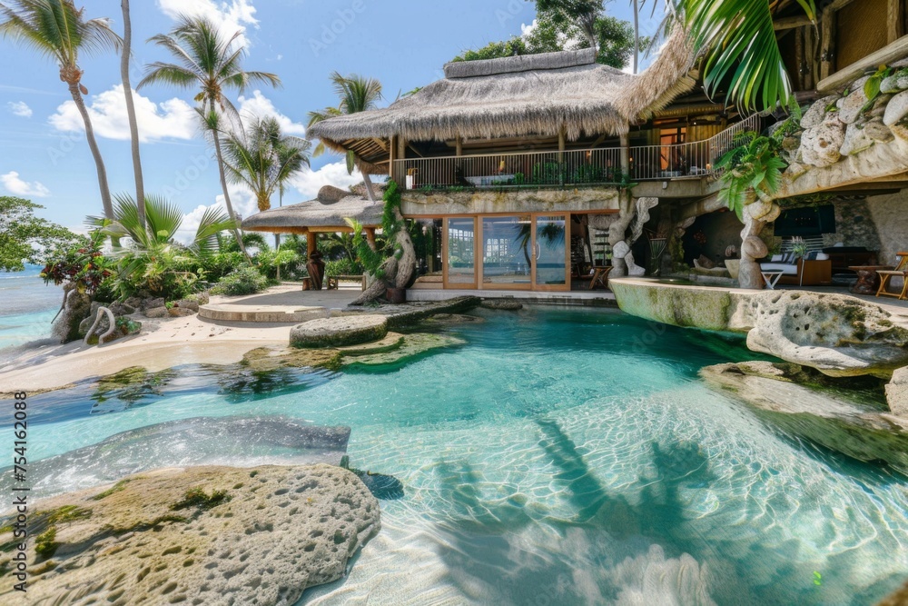 Poster a pool and a house next to a beach with rocks. generative ai.