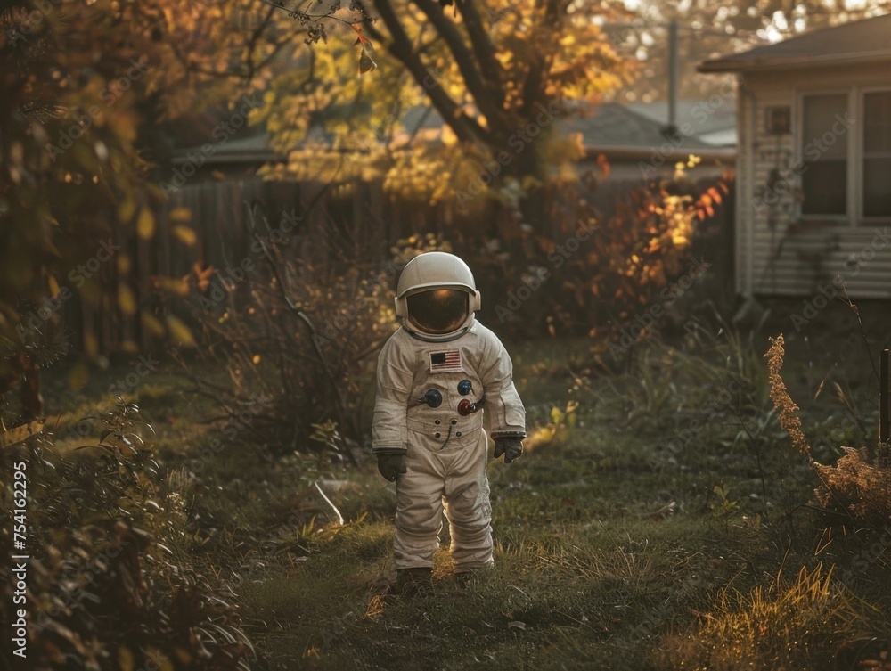 Poster a small child in an astronaut suit standing in a yard. generative ai.