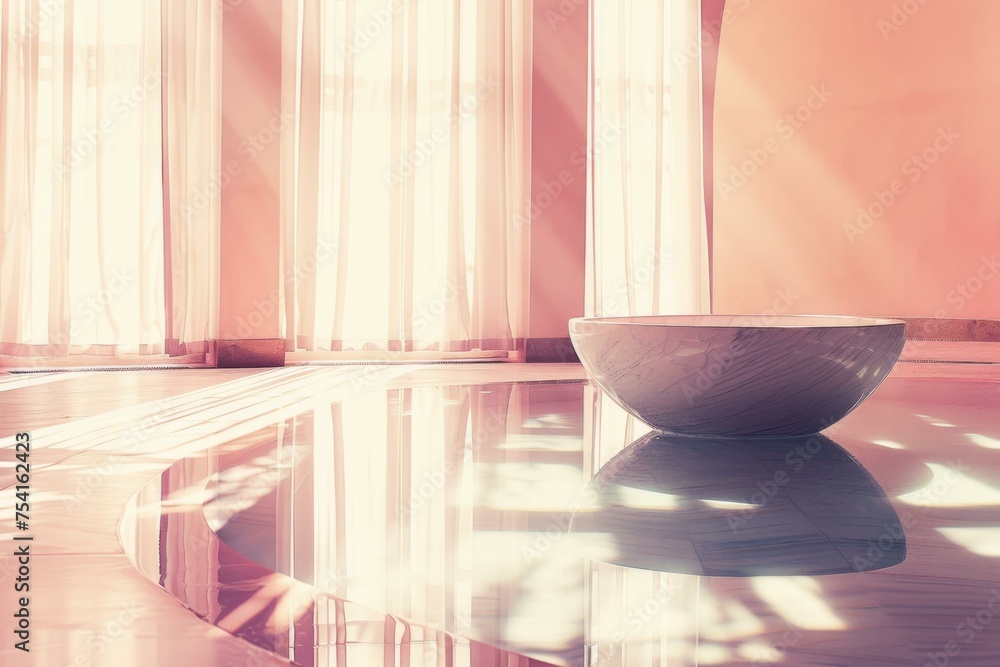 Poster a bowl sitting on a circular table in front of a window. generative ai.