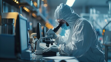 Modern Factory: Industrial Engineer Working on Desktop Computer in Clean Sterile Coveralls. Scientist Using a Microscope, Developing Advanced Solutions for High-Tech Medical Vaccine and Gene Research