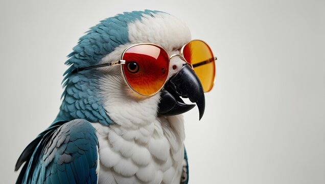 parrot wearing stylish glasses, close up of a blue and yellow macaw.
