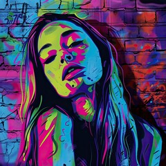 A striking neon-colored portrait of a woman against a graffiti-covered brick wall, exuding urban street art charm.
