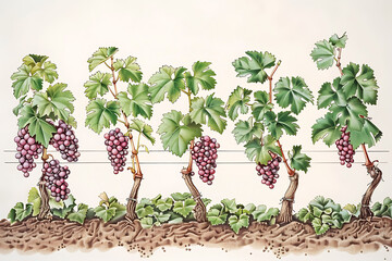 Flowering plant bearing grape bunches on vine, growing in a landscape