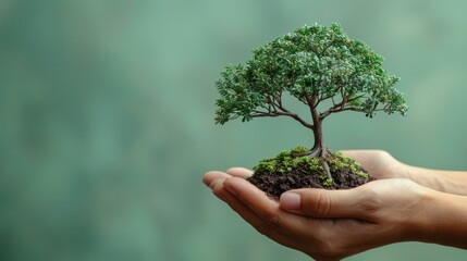 Generate a minimalist image featuring hands delicately cradling a miniature tree against a vibrant, clear white backdrop, reinforcing themes of environmental care and global consciousness.