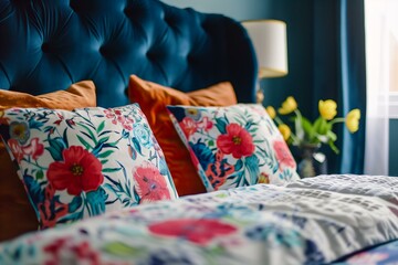bedroom with a dark blue velvet bed with a velvet headboard with bright floral print bedding, interior design inspo
