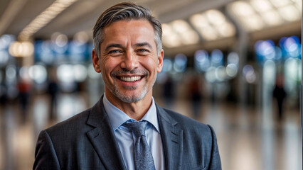Fototapeta premium A person in suit smiling, portrait of a man, businessman smiling at the airport