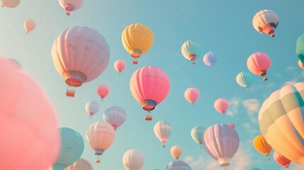 Many pastel-colored balloons fly upwards.