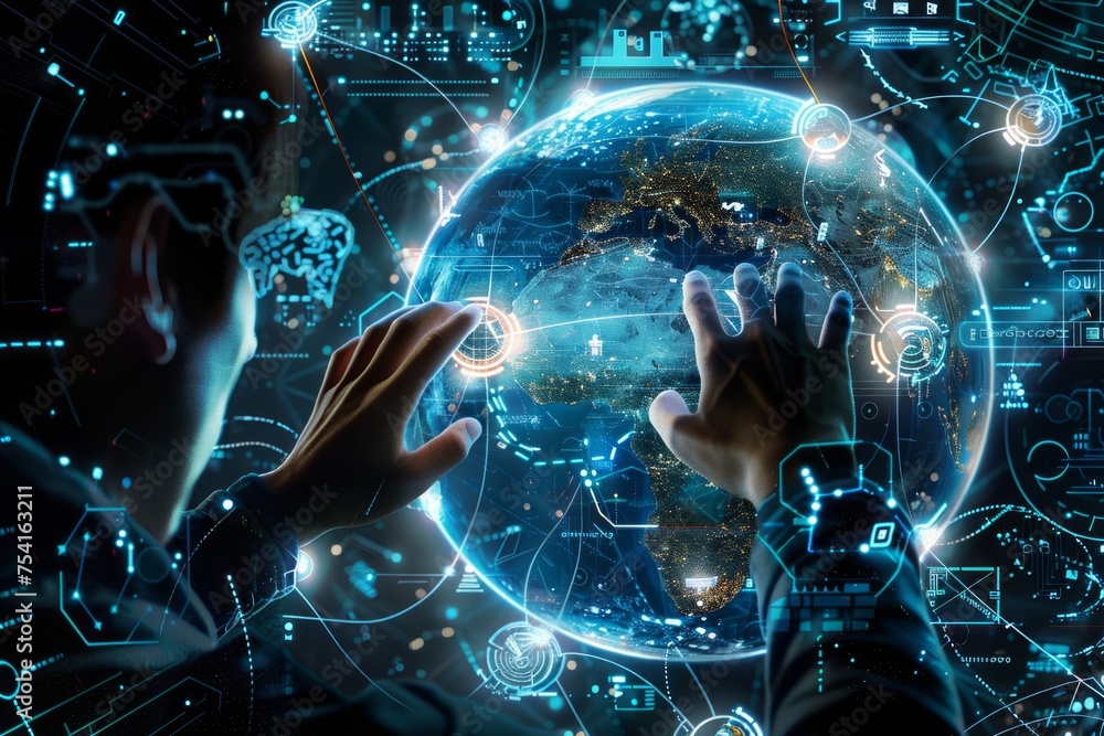 Poster person interacting with a digital globe and network interface.