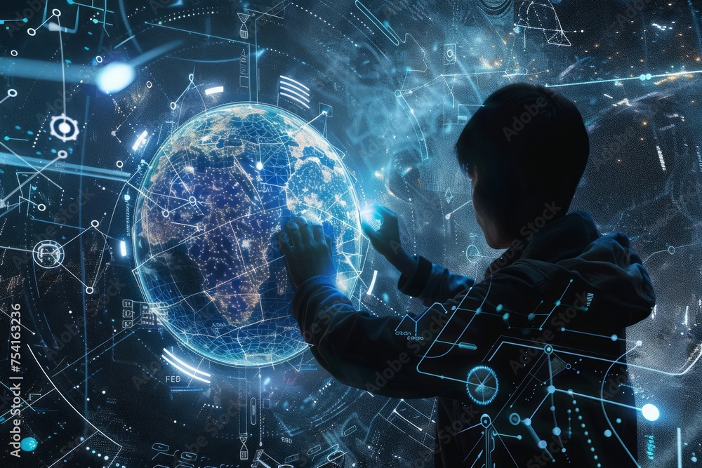 Poster person interacting with a digital globe and network interface.