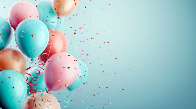 A variety of birthday balloons, ribbons, and ample copy space.