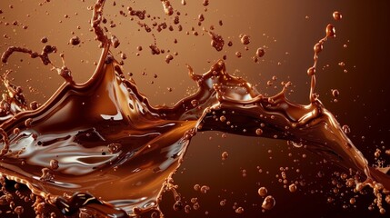 Abstract coffee liquid splashing in the air against a brown-colored background.