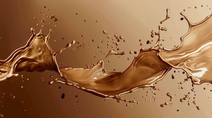 Abstract coffee liquid splashes in the air against a brown background.