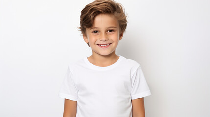 Smiling boy in a white T-shirt on a white background mockup. Childhood lifestyle concept. Mockup copy space