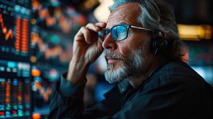 Middle-aged professional trader working on the stock exchange Male stylist communicates orders and sales over the phone. and show hand signals to speculate with brokers