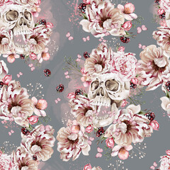 Watercolor tender floral seamless pattern with peony flowers and herbs. - 754163623